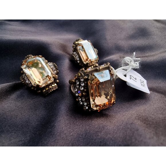 Vintage Large Rhinestone SORRELLI Signed Jewelry Set Ring and Earrings - Picture 2 of 5